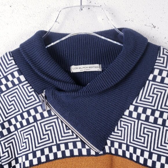 LCR Black Edition Men's Shawl Neck Knit Sweater Geometric Blue Long Sleeve - Picture 6 of 10